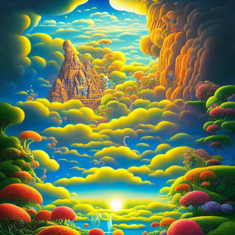 Colorful surreal landscape with sun, clouds, and exotic temple