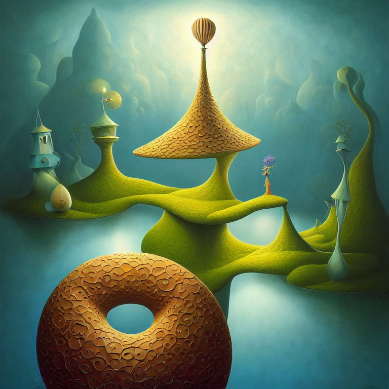 Surreal landscape with green hills, mushroom structures, floating lamppost, and doughnut object