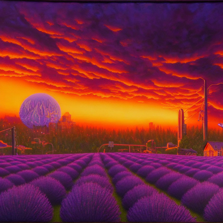 Surreal sunset with purple and orange sky, brain balloon, lavender field, and buildings