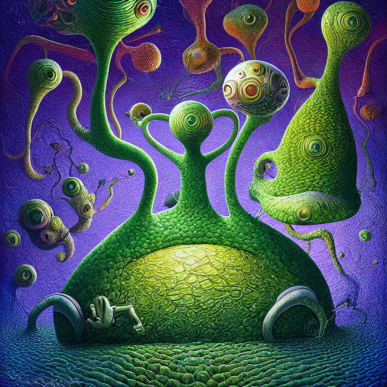 Colorful surreal artwork: green alien-like forms and tentacles around glowing orb on purple background.