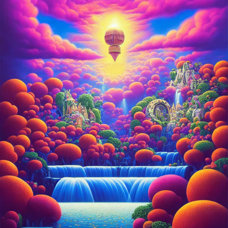 Fantasy landscape with waterfall, foliage, hot air balloon, and colorful sunset clouds