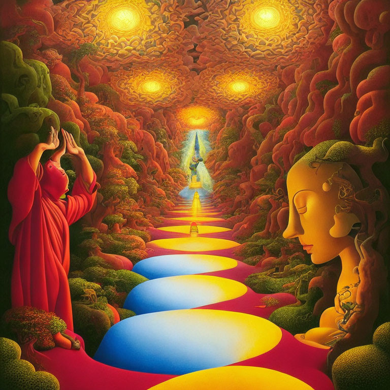 Colorful surreal path with red figure, floating orbs, and embedded faces