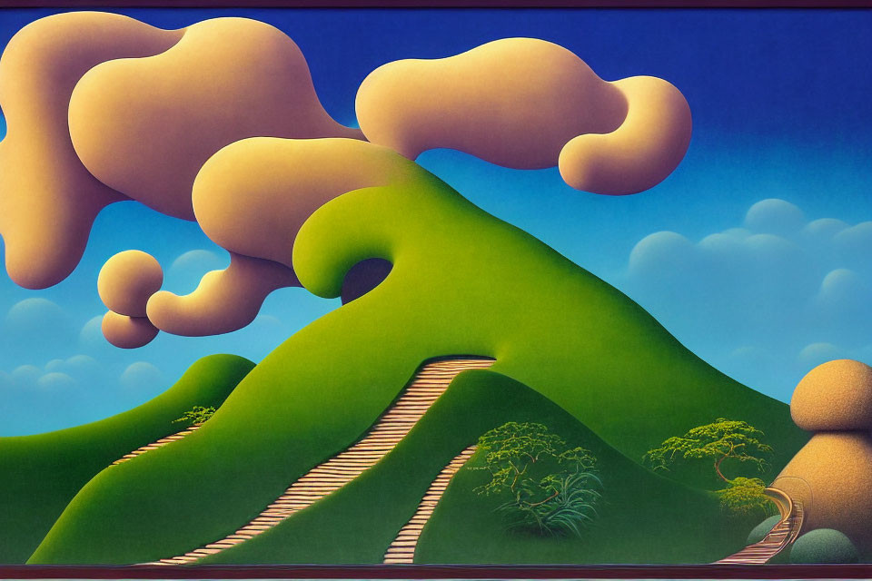 Surreal landscape with green hill, winding path, orange clouds