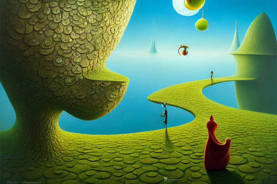 Surreal landscape with tree, hills, snail, fishing characters, and floating orbs