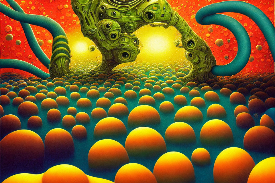 Surreal landscape with orange spheres and green tentacles on red background