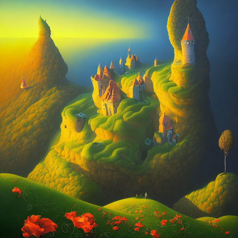 Fantastical landscape with green hills, castles, lone tree, and red flowers.