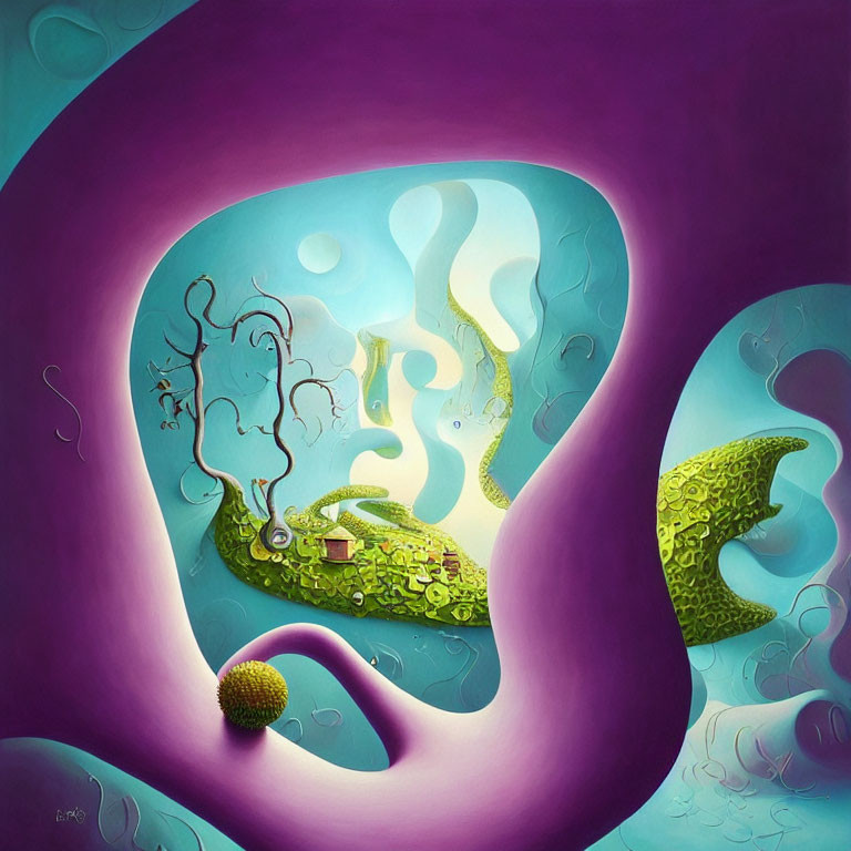 Abstract surreal painting with fluid shapes in purple and green, abstract trees, crescent moon, and whims