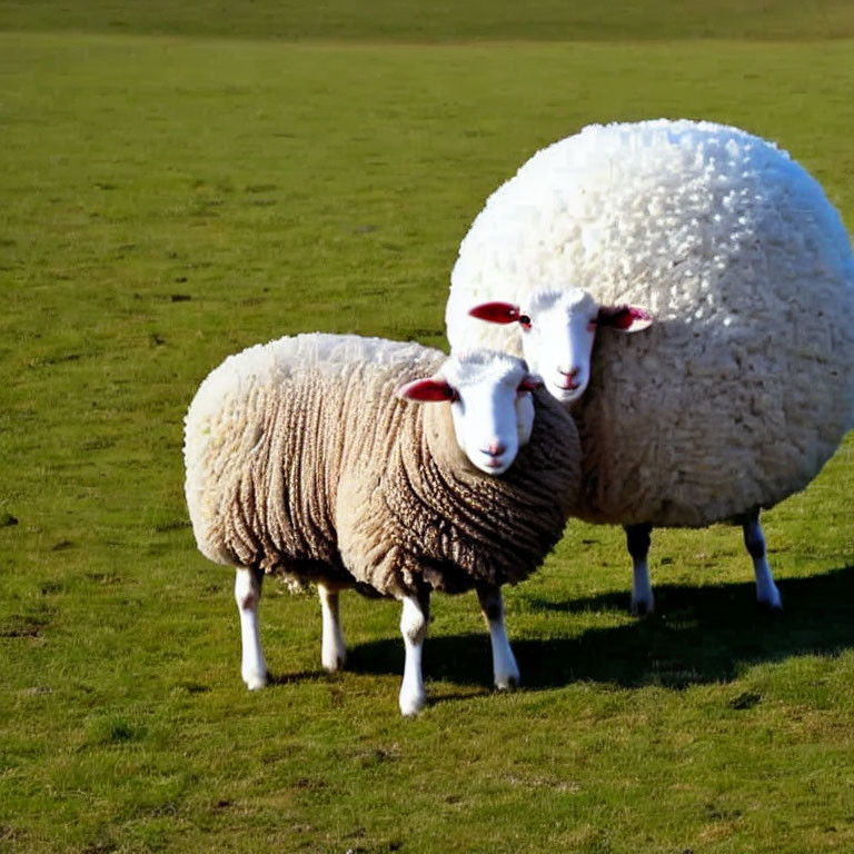 Fluffy white sheep with red ear tags on green grass