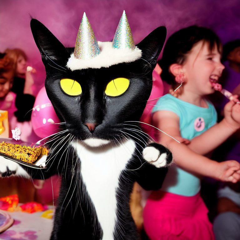 Black Cat in Party Hat Serves Cake at Children's Birthday Party