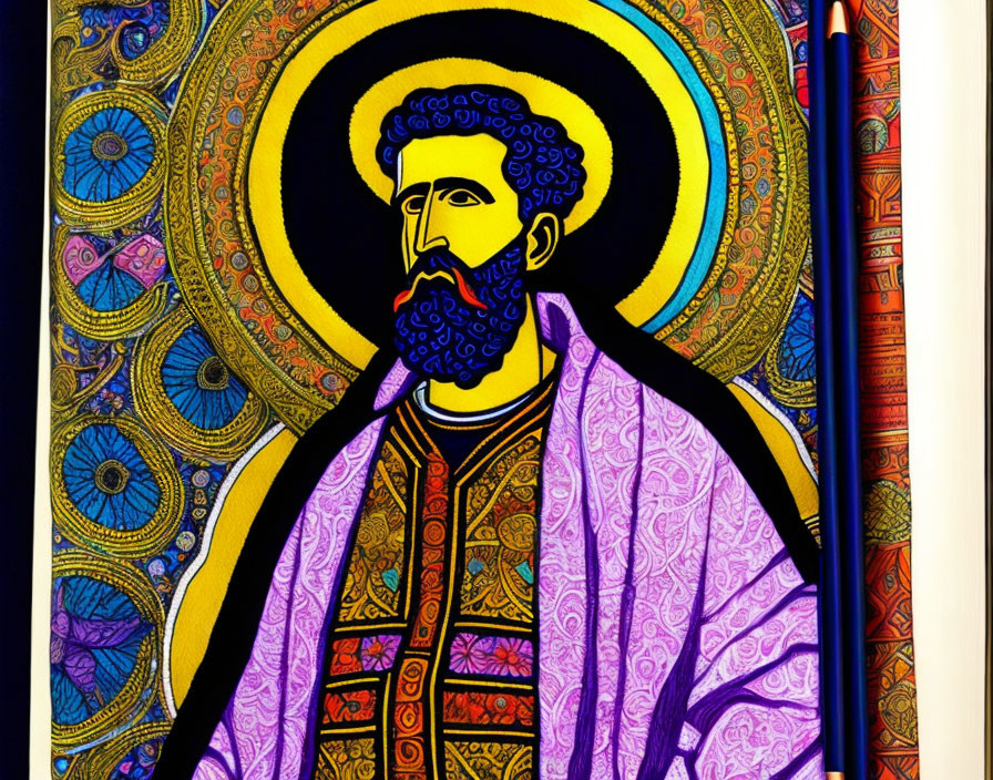 Colorful Stained-Glass Style Bearded Saint Illustration with Halo