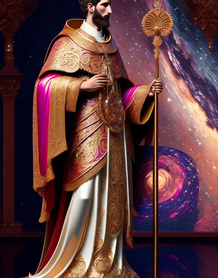 Illustration of Bearded Man in Golden Robes with Cosmic Background