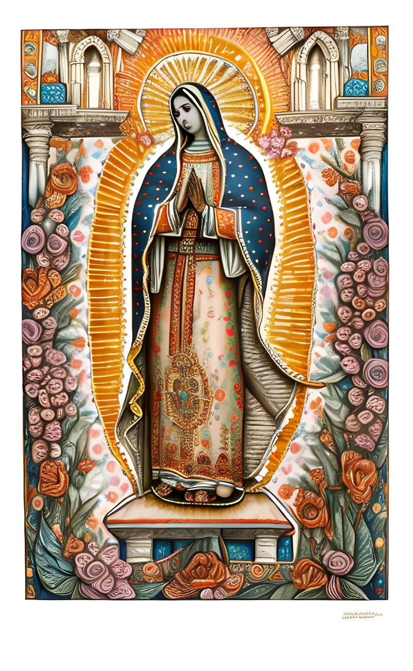 Virgin of Guadalupe surrounded by colorful flowers in radiant aura.