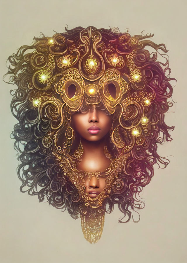 Detailed illustration of woman with ornate hair and glowing accents