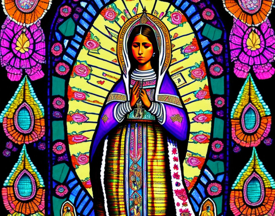 Vibrant Virgin Mary illustration in stained-glass setting