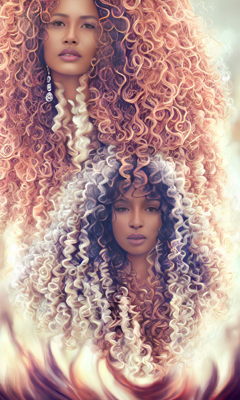 Two women with voluminous, curly hair in soft, warm lighting