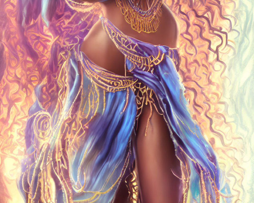 Elegant woman in golden jewelry and blue garments in radiant light