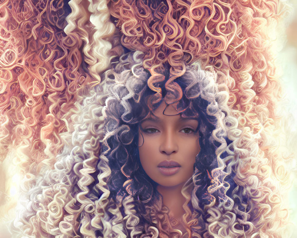 Two women with voluminous, curly hair in soft, warm lighting