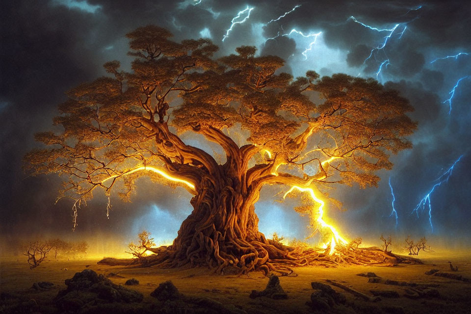 Majestic tree with thick roots under stormy sky and lightning strikes