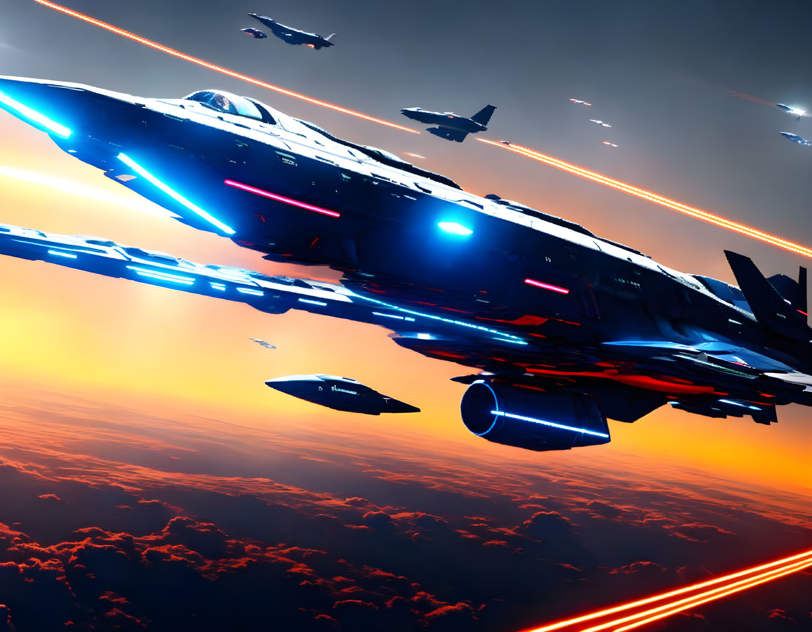 Futuristic fighter jets with neon lights flying in dynamic formation above sunset clouds.