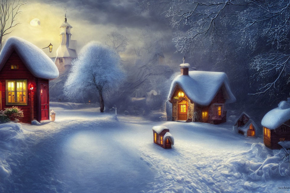 Snowy Winter Night: Cozy Houses, Full Moon, Church Spire