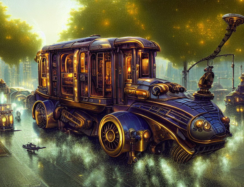 Fantastical steam-powered bus in retro-futuristic cityscape at dusk