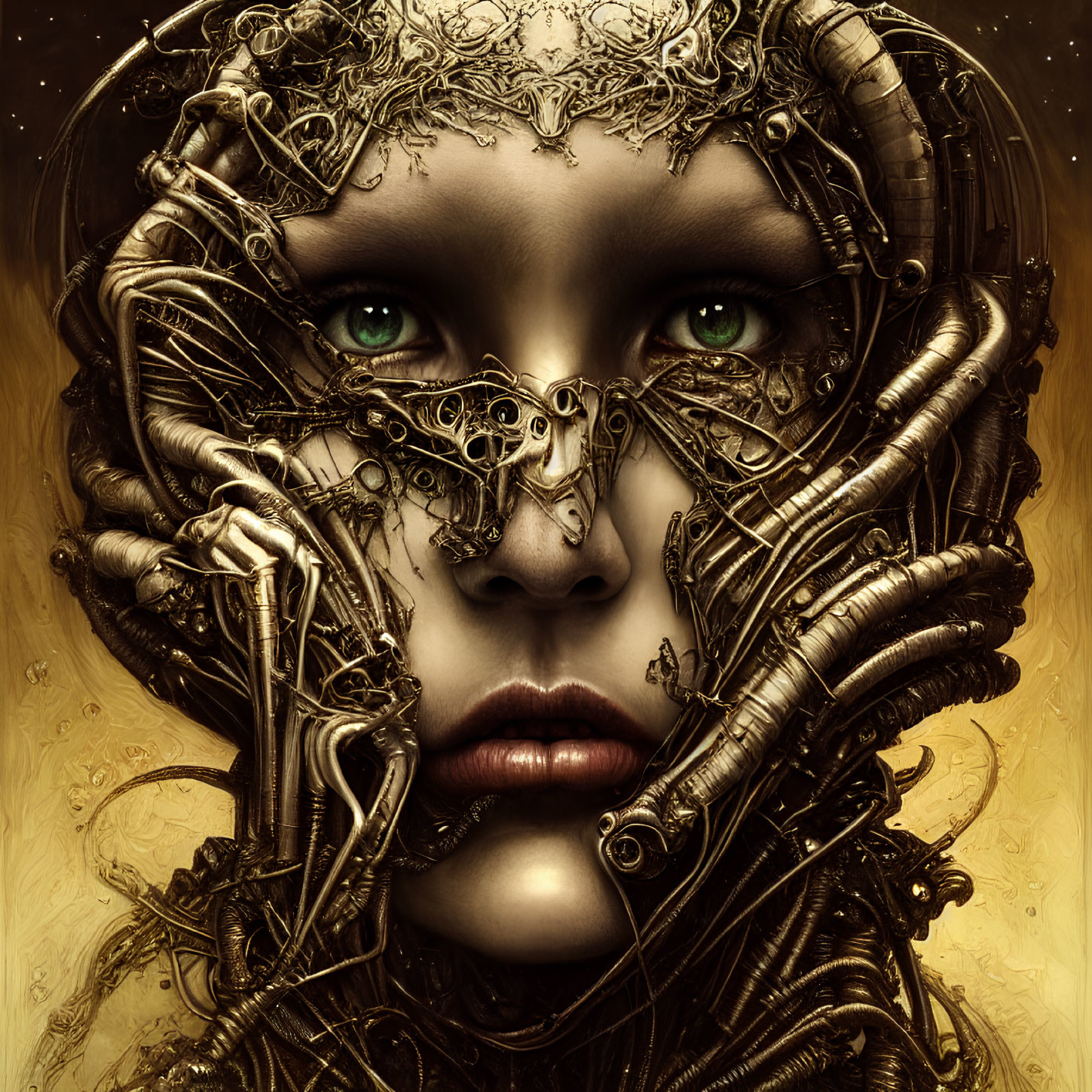 Woman with intricate metallic filigree and green eyes on golden backdrop