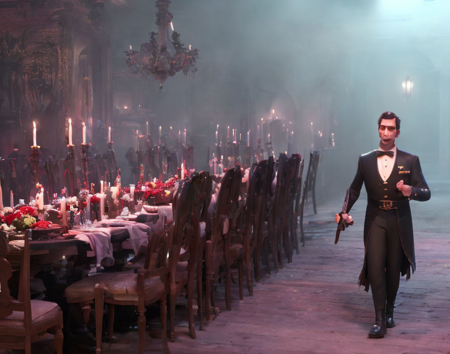 Animated man in tuxedo in dimly lit ornate room with candelabras