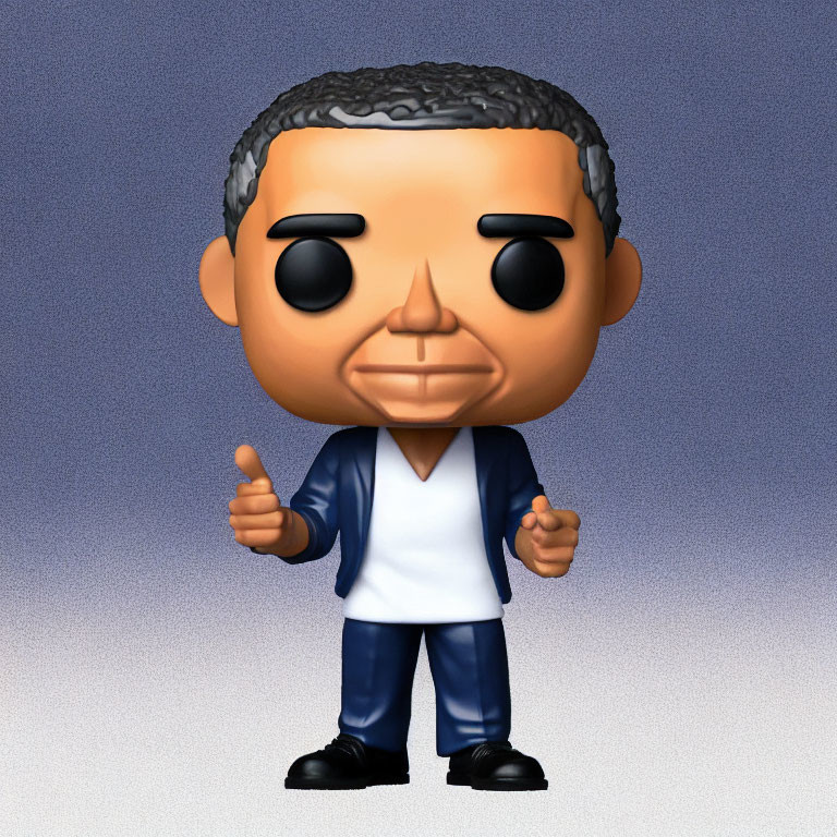 Vinyl figurine with oversized head, neat haircut, blue suit, giving thumbs up