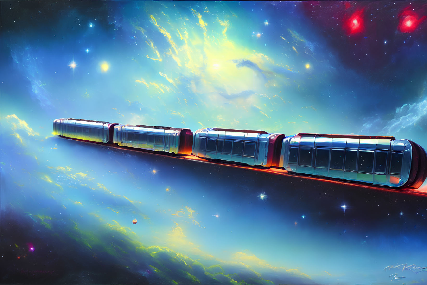 Futuristic space train in vibrant cosmic landscape with nebulas and planets