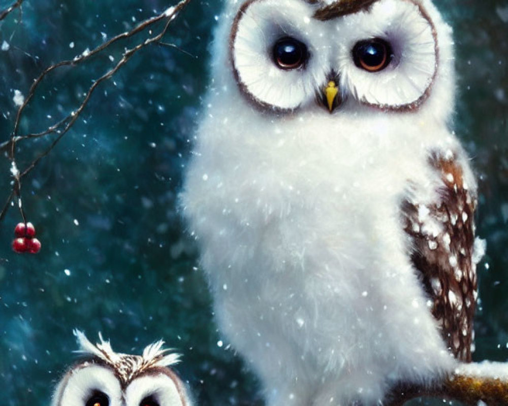 Stylized owls on snowy branch with expressive eyes