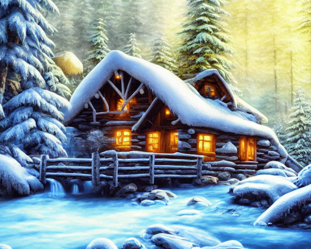 Snow-covered cabin nestled among pine trees beside frozen stream at dusk