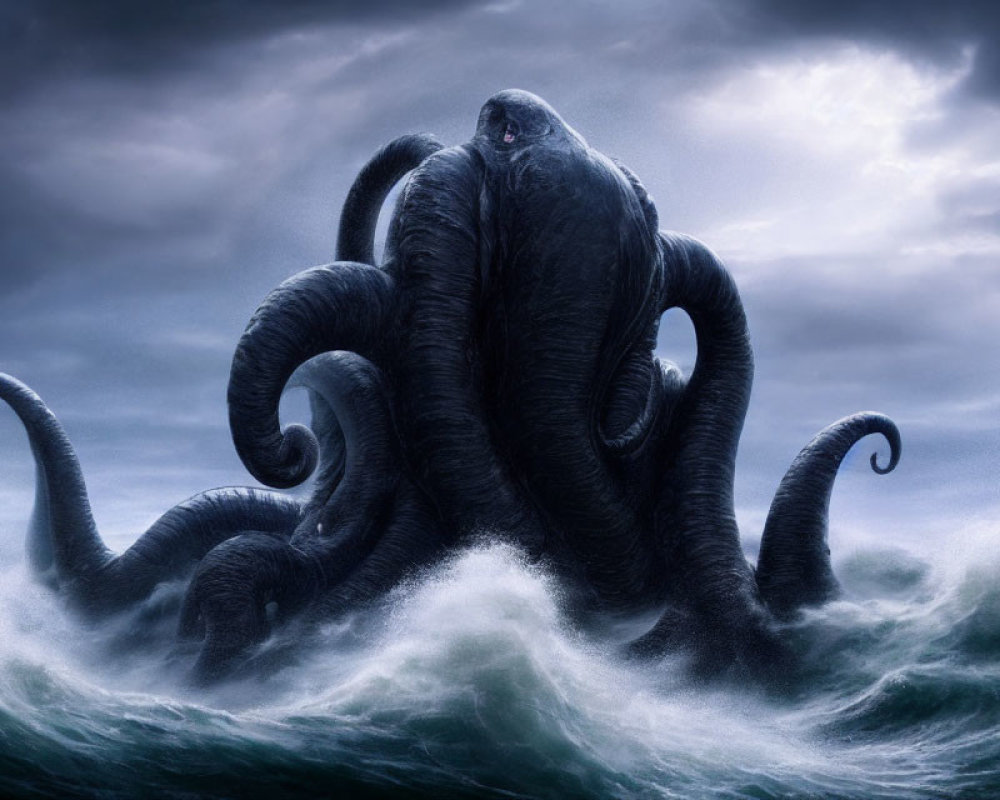 Giant octopus rises from stormy sea with towering tentacles