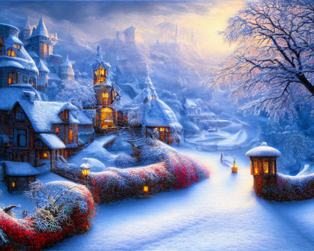 Illuminated Winter Village Scene with Snow-covered Trees