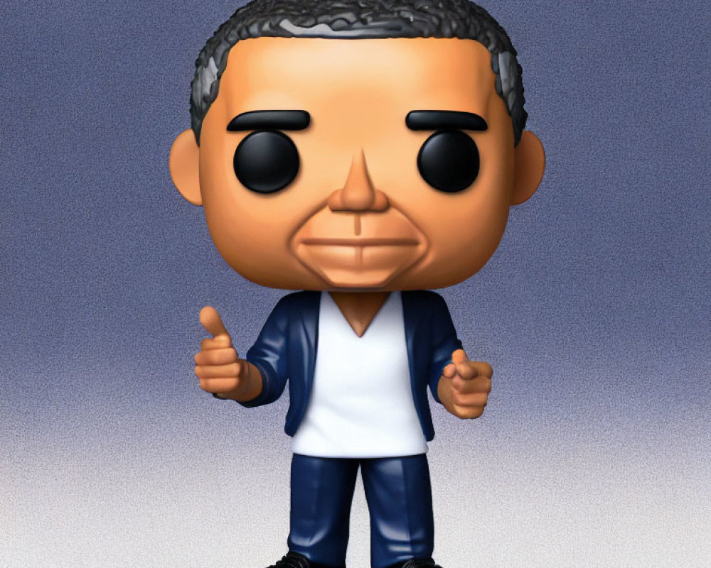 Vinyl figurine with oversized head, neat haircut, blue suit, giving thumbs up