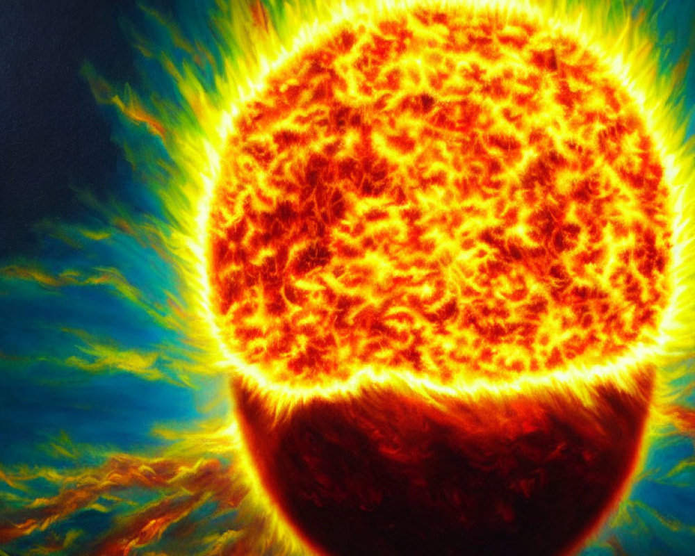 Detailed illustration of fiery sun surface and solar flares in space