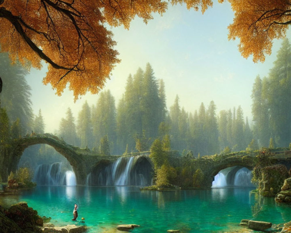 Tranquil landscape with turquoise lake, waterfalls, stone bridge, lush greenery, and person