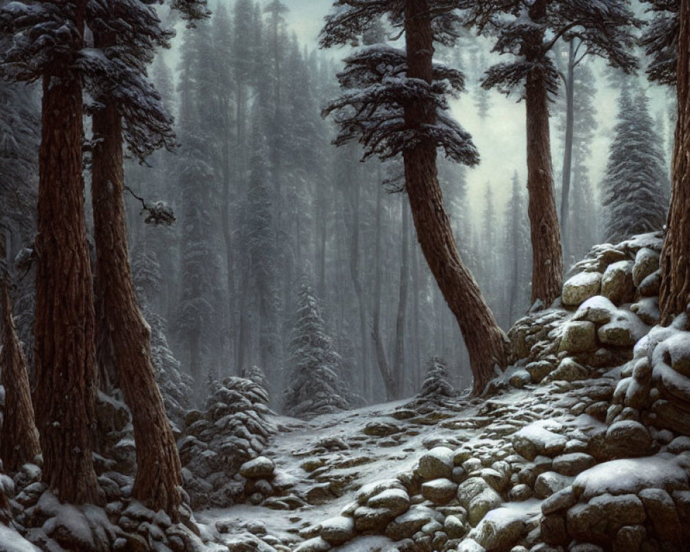 Snow-covered forest with tall pine trees and misty path.