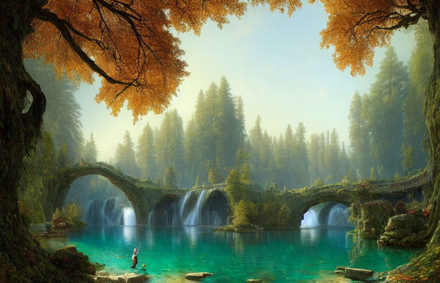 Tranquil landscape with turquoise lake, waterfalls, stone bridge, lush greenery, and person