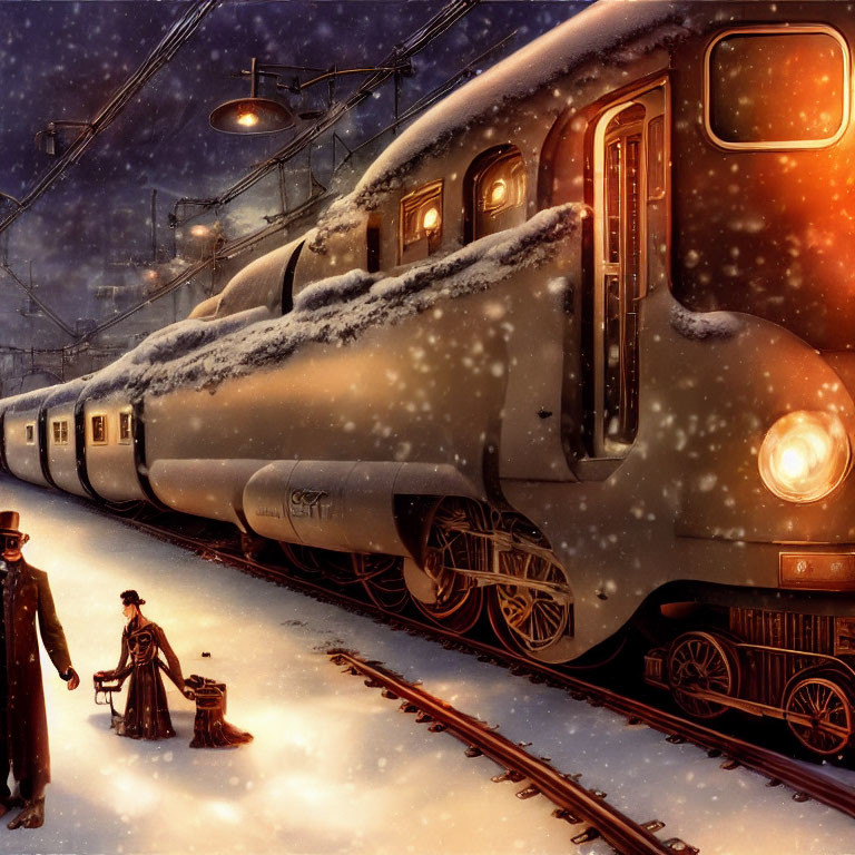 Snow-covered vintage train with people and dog at platform.