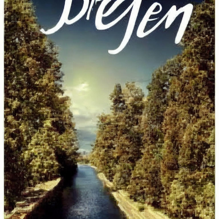 Tranquil tree-lined river under cloudy sky with stylized "Dregen" text