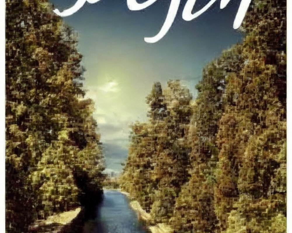 Tranquil tree-lined river under cloudy sky with stylized "Dregen" text