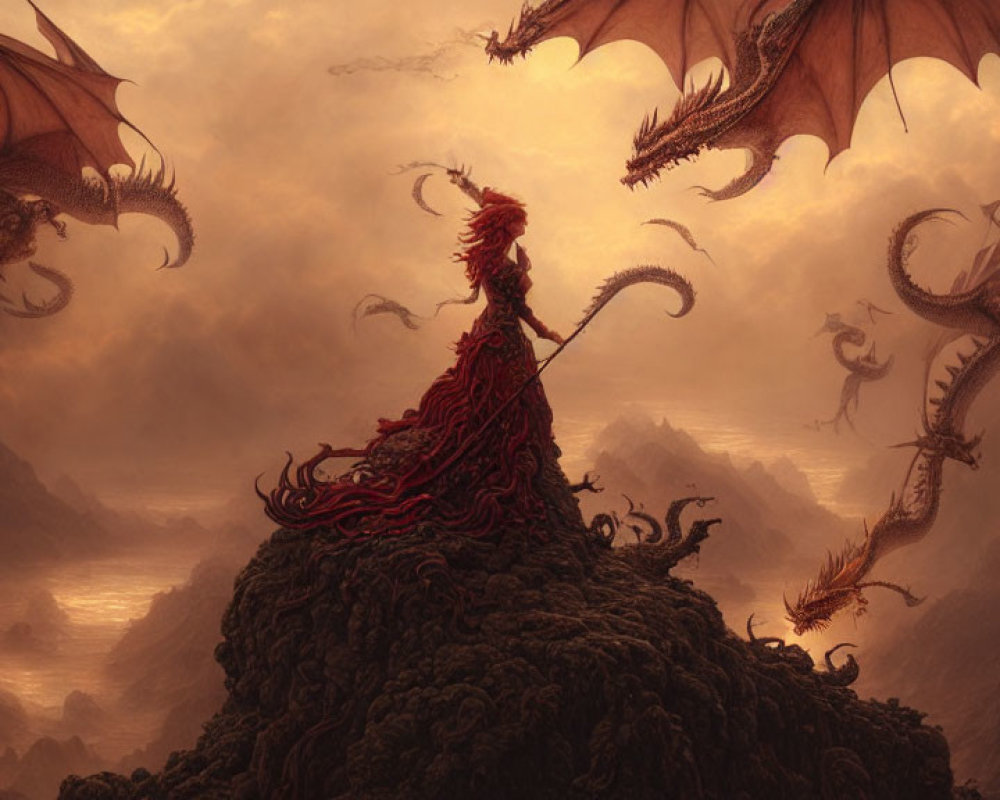 Woman in red dress confronts three dragons on rocky outcrop