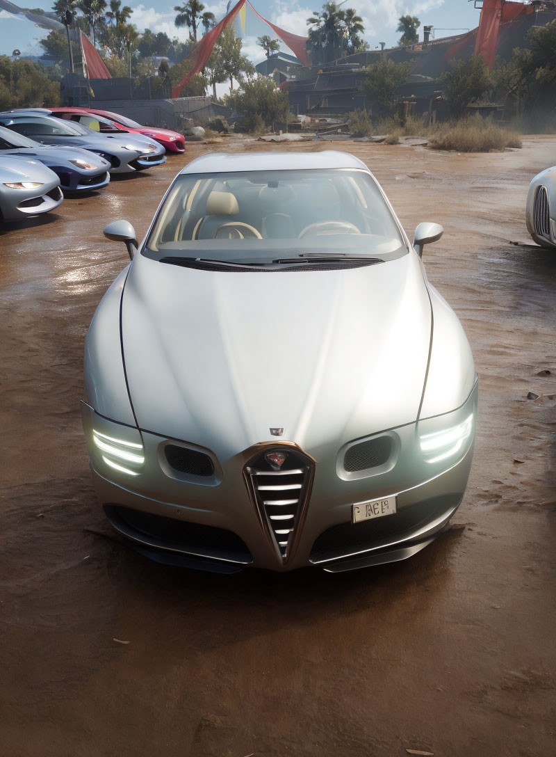 Luxury silver sports car parked on dirt with high-end vehicles under sunny sky.