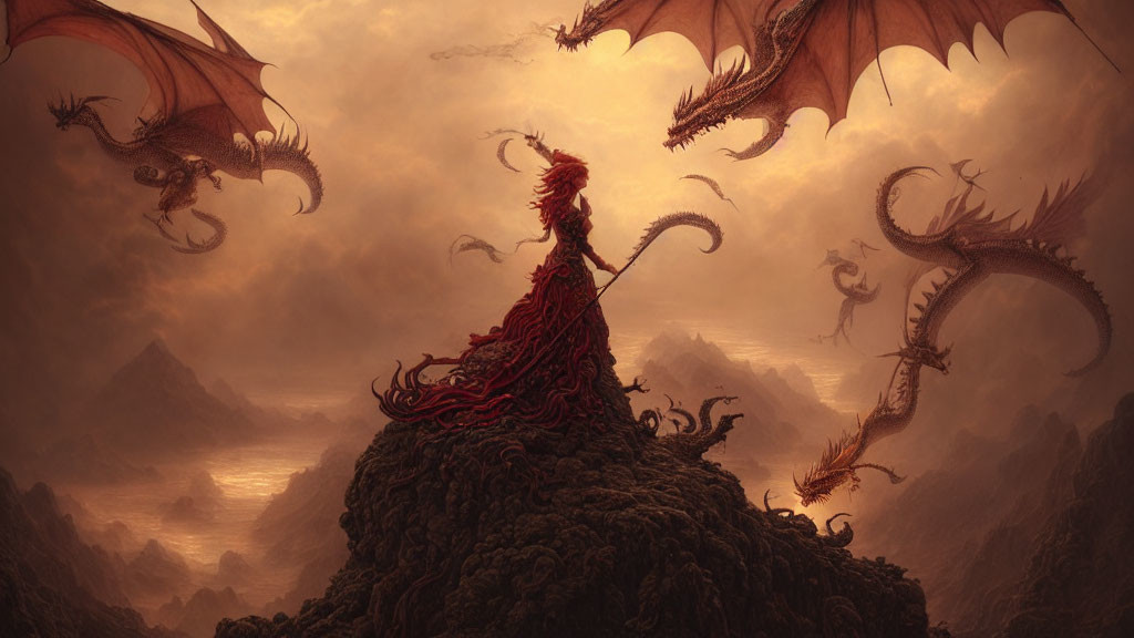 Woman in red dress confronts three dragons on rocky outcrop