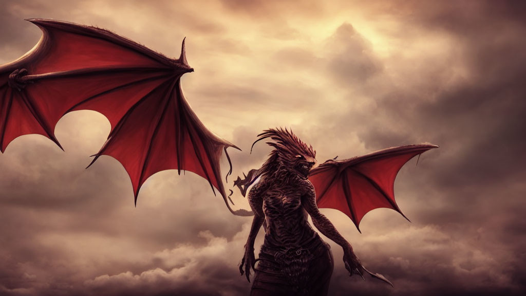 Majestic dragon with outstretched wings in dramatic cloudy sky