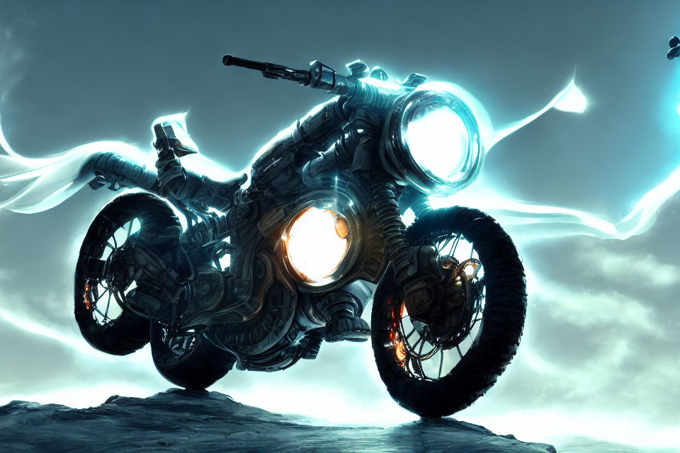 Futuristic Glowing Motorcycle on Rocky Terrain under Overcast Sky