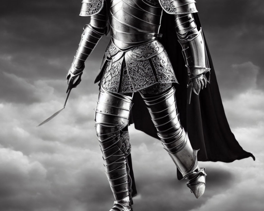 Detailed Medieval Armor Figure with Small Blade and Black Cape Against Dramatic Cloudy Sky