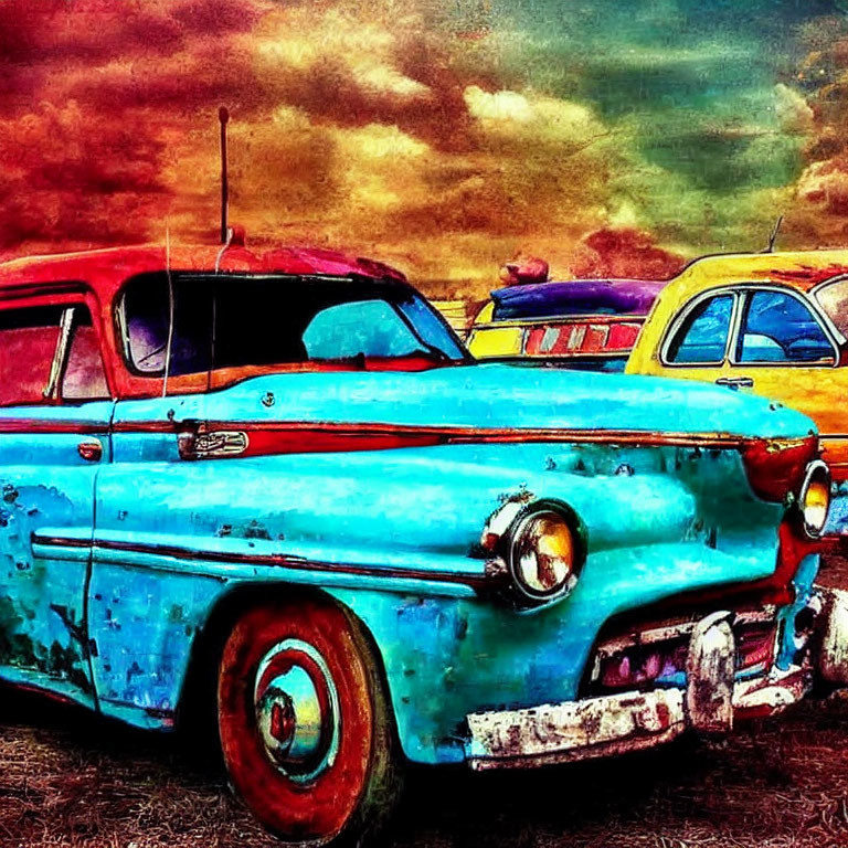 Colorful Vintage Cars Under Dramatic Sky in Artistic Image