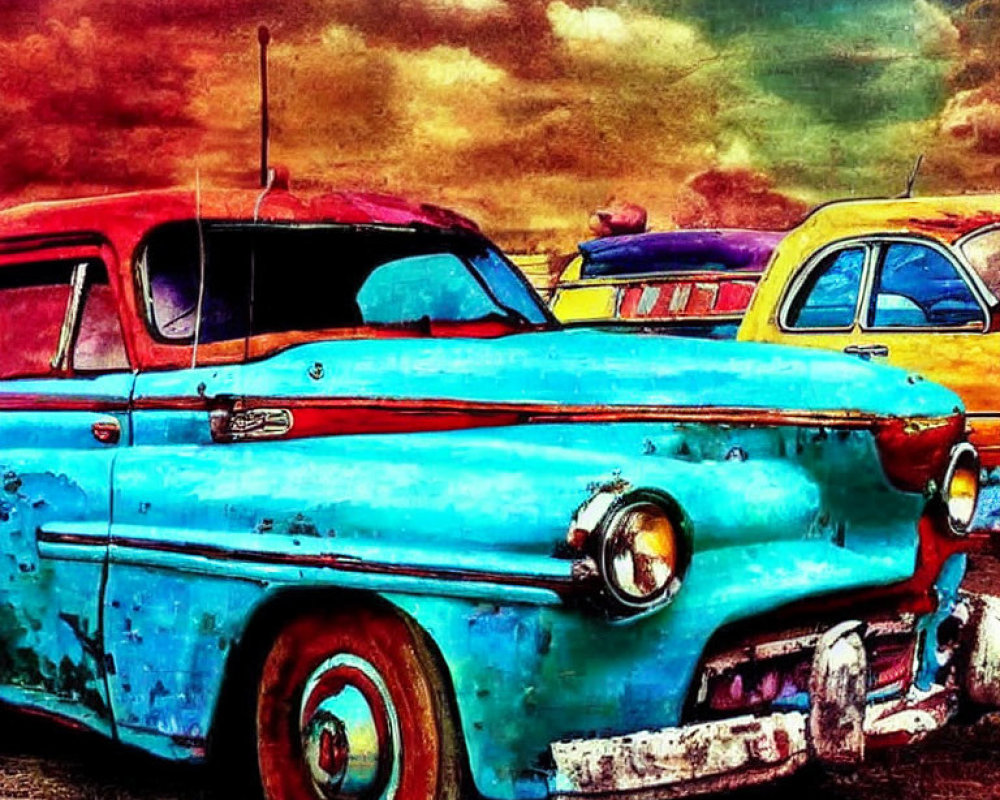 Colorful Vintage Cars Under Dramatic Sky in Artistic Image