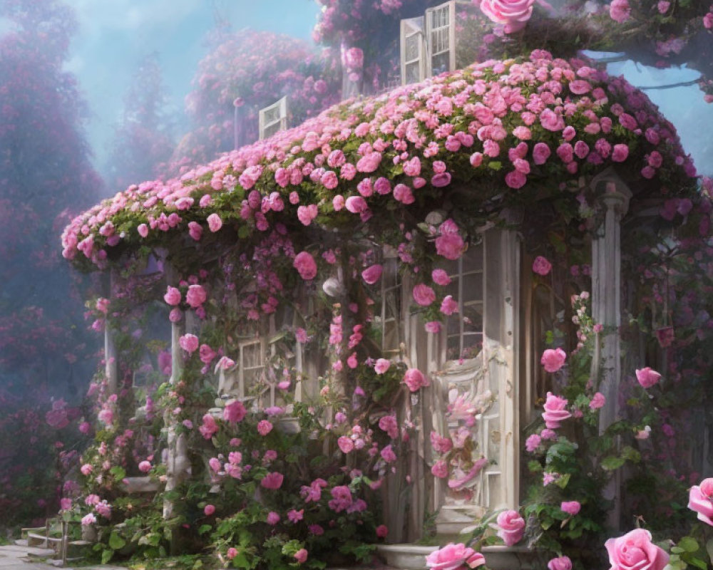 Thatched roof cottage enveloped in pink roses and lush garden